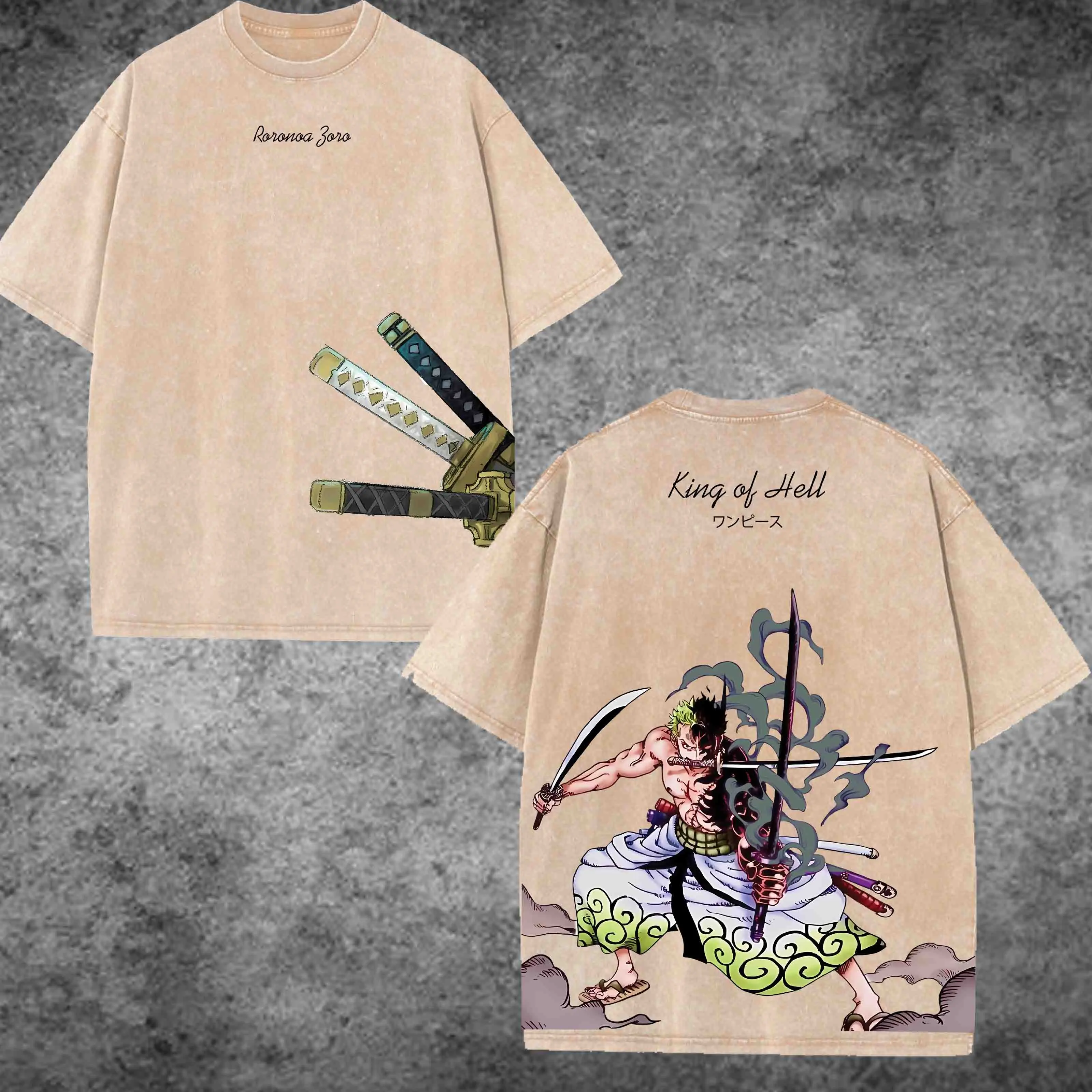 Zoro Washed Tee - One Piece Oversized Double Sided Anime Graphic T