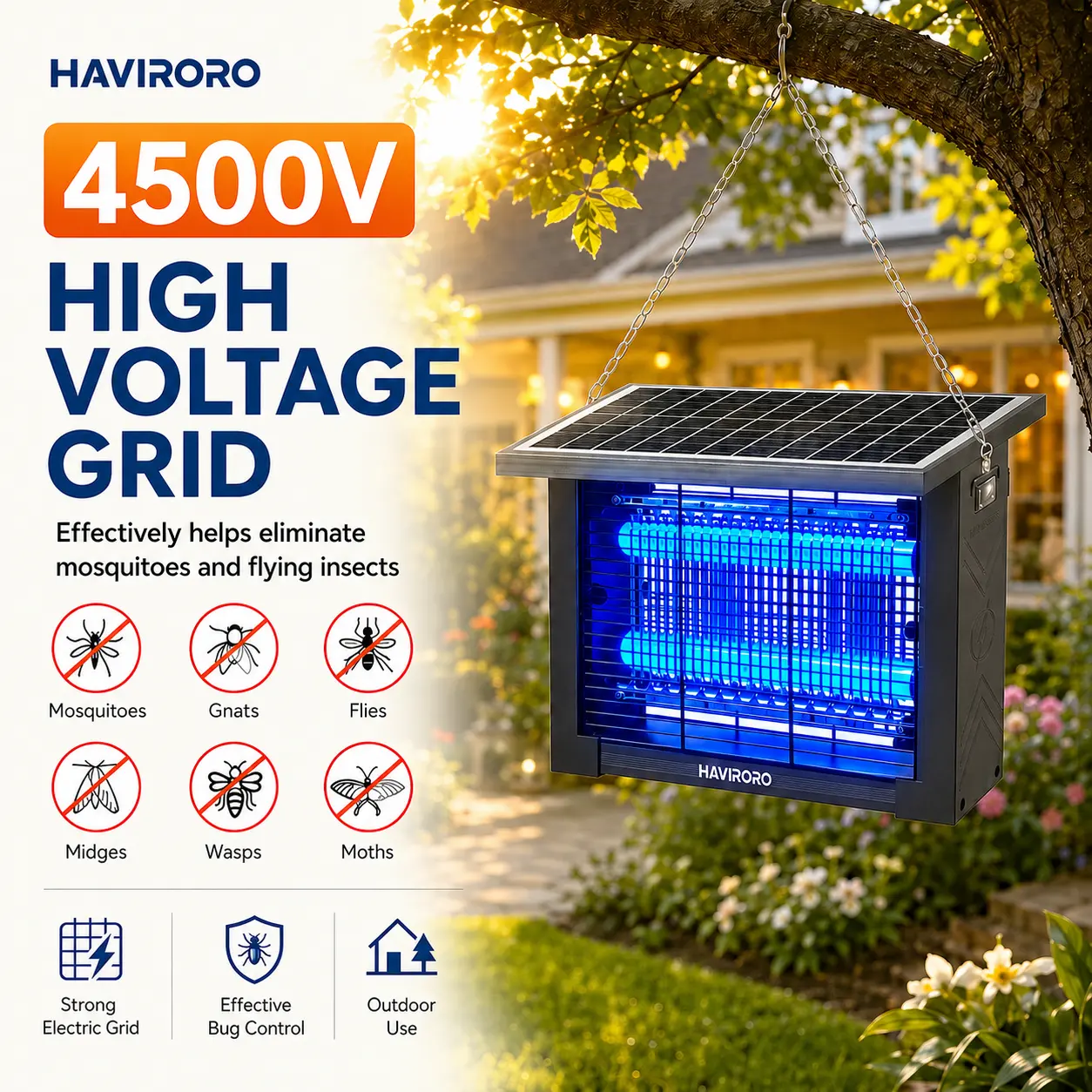 HAVIRORO Solar Bug Zapper Outdoor, Upgraded Mosquito Zapper 4 In 1 Rechargeable Bug Zapper Outdoor With Battery & LED Night Light, Electric Fly Zapper for Outside Patio, Backyard Garden