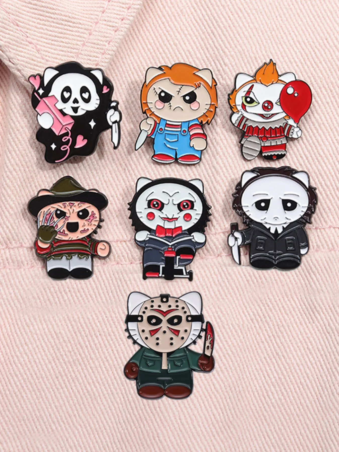 7pcs/set Halloween Horror Killer Enamel Collectible Pins Thriller Movie Villains Characters Gothic Punk Cartoon Alloy Brooches Lapel Backpack Badge Fashion Jewelry Accessories Gifts for Friends Decor Pins Brooch Pin Clip