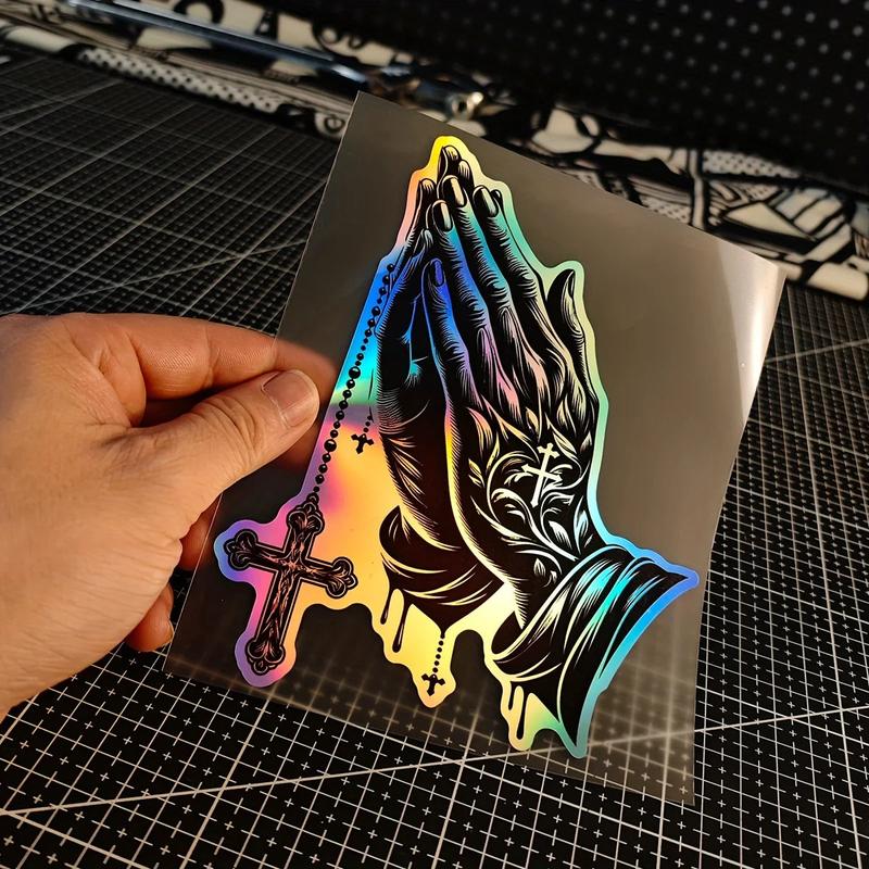 1PC Religious car sticker - Christian praying hands and cross, black gradient to purple - suitable for cars, trucks, motorcycles