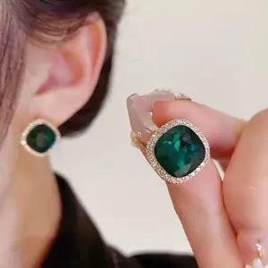 Women's Green Diamond Stud Earrings, Stylish Large Crystal Earrings, High-Grade Light Luxury, Unique Fashionable Temperament Accessories
