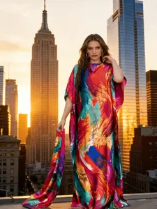 Women's Elegant Kaftan Robe - Colorful Multicolor Feather Print Design Cape-style Extra-long Kaftan Dress | Loose-fitting Evening Robe with Matching Scarf