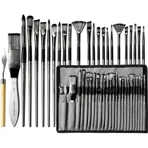 24pcs Nylon Brush Set Oil Painting Brushes with Scraper Artist Paint Brushes Different Shape Gouache Watercolor Brushes Wooden Handle Art Supplies