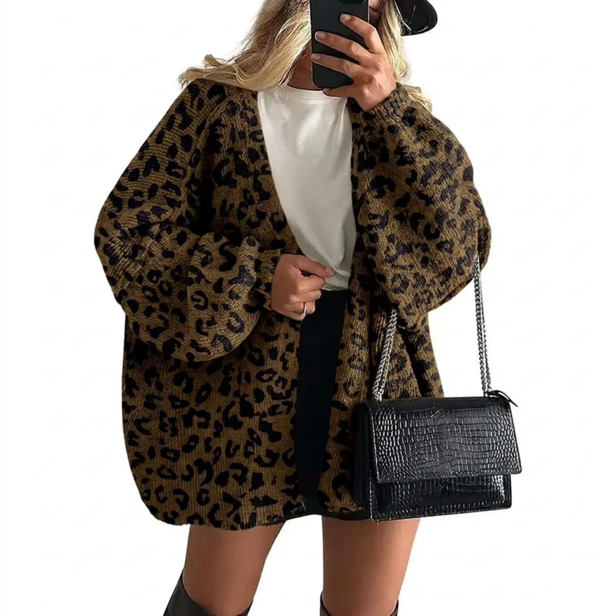 Women's Leopard Cardigan Chunky Knit Sweater Oversized Button Front Cardigan Patterned Knit Outerwear V-Neck Button Down Drop Shoulder Boxy Fit Ribbed Cuffs & Hem Cabin Getaway Fit Campus Fall Outfit Sunday Morning Coffee Run