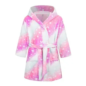 Girls' Fashion Creative Starry Hooded Bathrobe, Ultra-Soft Flannel Warm Sleepwear, Cute Cartoon Robe for Home Use After Shower, Pastel Cute Pajamas