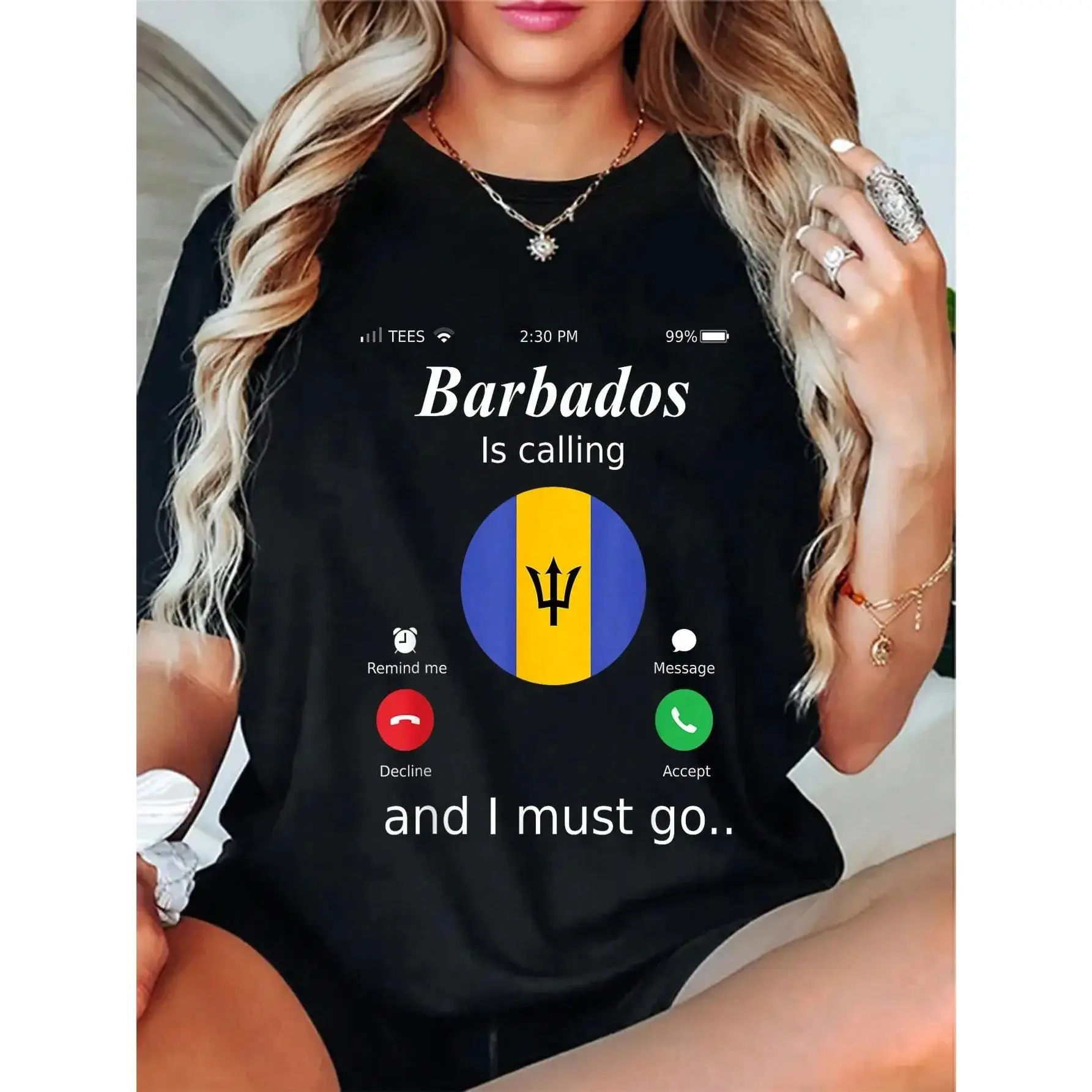GGOR Women's Oversized 100% Cotton Baggy Short-Sleeve Graphic Tee, Barbados Flag & Quote Print, Sporty Chic Casual Comfy Top, Drop Shoulder, All Seasons, Normal Type, Large (Do Not Dry Clean), Casual Comfy Tee