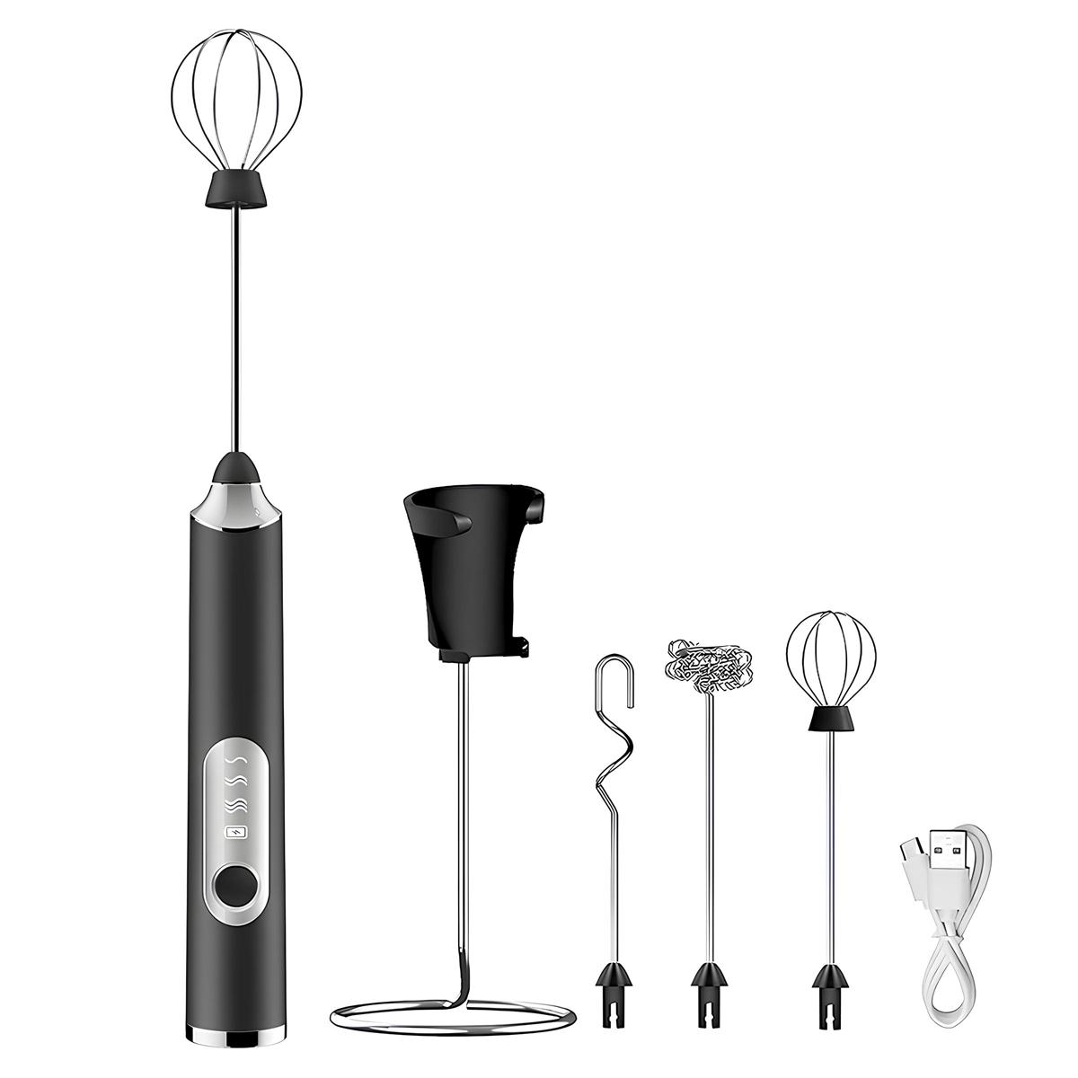 Electric Rechargeable Milk Frother, Handheld Coffee Frother with 3 Detachable Stainless Steel Whisks, 3-Speed Drink Mixer for Latte, Cappuccino, Matcha, Protein Powder, Hot Chocolate & Eggs