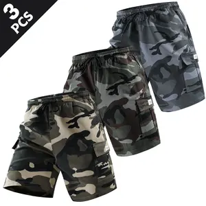 Outdoor camouflage cargo men’s casual shorts, 3-pack available in multiple colors, featuring cargo pockets and a drawstring waistband; loose fit for breathability and skin comfort, comfortable without restriction—ideal for everyday outings, light outdoor