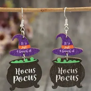 Witch Earrings - Purple Witch Hat Design with "Hocus Pocus" Text and Green Potion - Halloween Inspired Jewelry