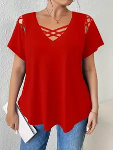 Elegant Women's Plus Size V-Neck Short Sleeve T-Shirt, Solid Color Cross Strap Detail, Casual Fashion Top for Ladies