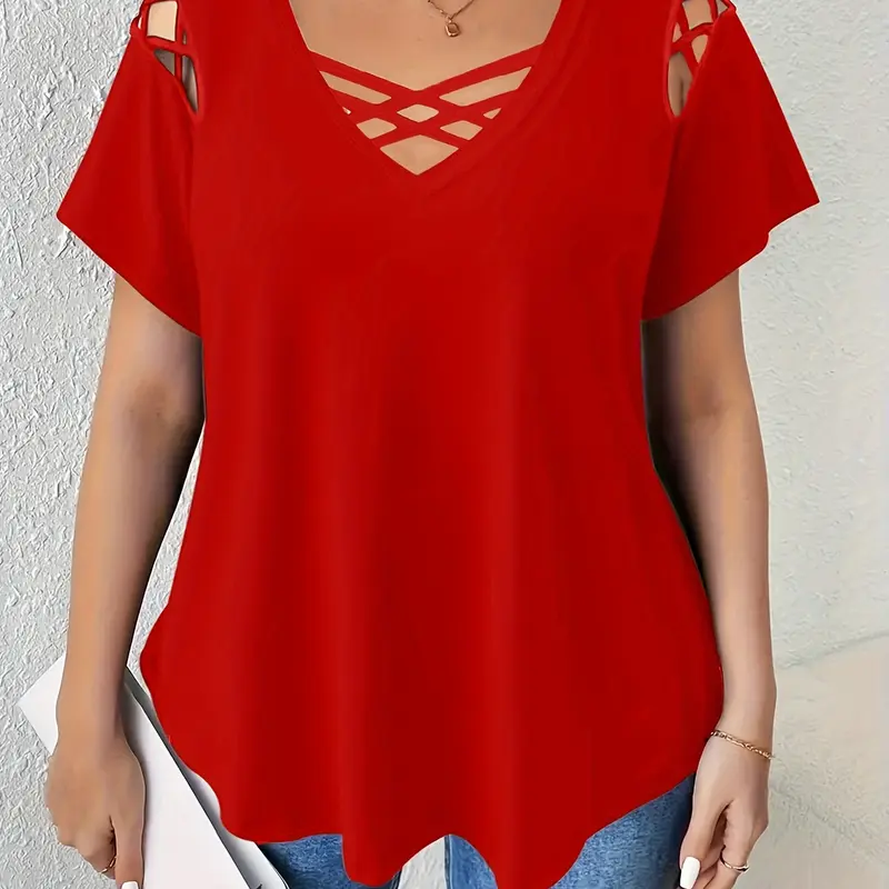 Elegant Women's Plus Size V-Neck Short Sleeve T-Shirt Fit, Solid Color Cross Strap Detail, Casual Fashion Top for Ladies