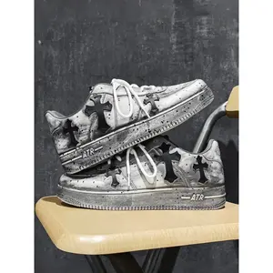 Unisex Vintage Cross Sneakers, Retro Cool Style, Distressed Tie Dye, Soft Sole, Anti-Slip, PU Leather, All Seasons, Casual Wear