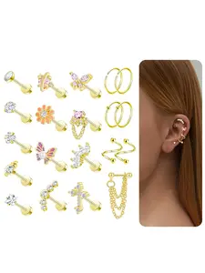 20Pcs 16G Cartilage Earrings Studs for Women Statement Earrings Stainless Steel Helix Conch Hoops Butterfly Opal CZ Planet Sunflower Heart Earring Chains Dangle Tragus Piercing Jewelry Gold Silver Tone