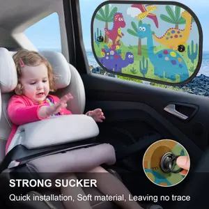 Set of 2 car window sunshades, specially designed to block UV rays and sunlight. Suitable for infants, children and pets. Features a suction cup design with a turquoise dinosaur theme.