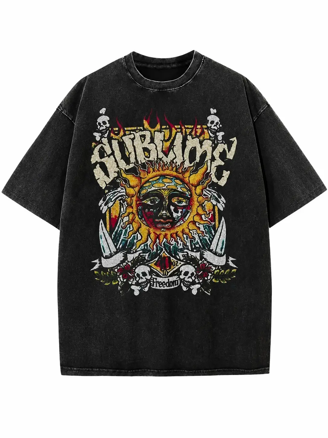 Sublime Sun vintage washed distressed oversized crewneck T-shirt, retro ’90s reggae rock streetwear, unisex casual everyday top for men and women
