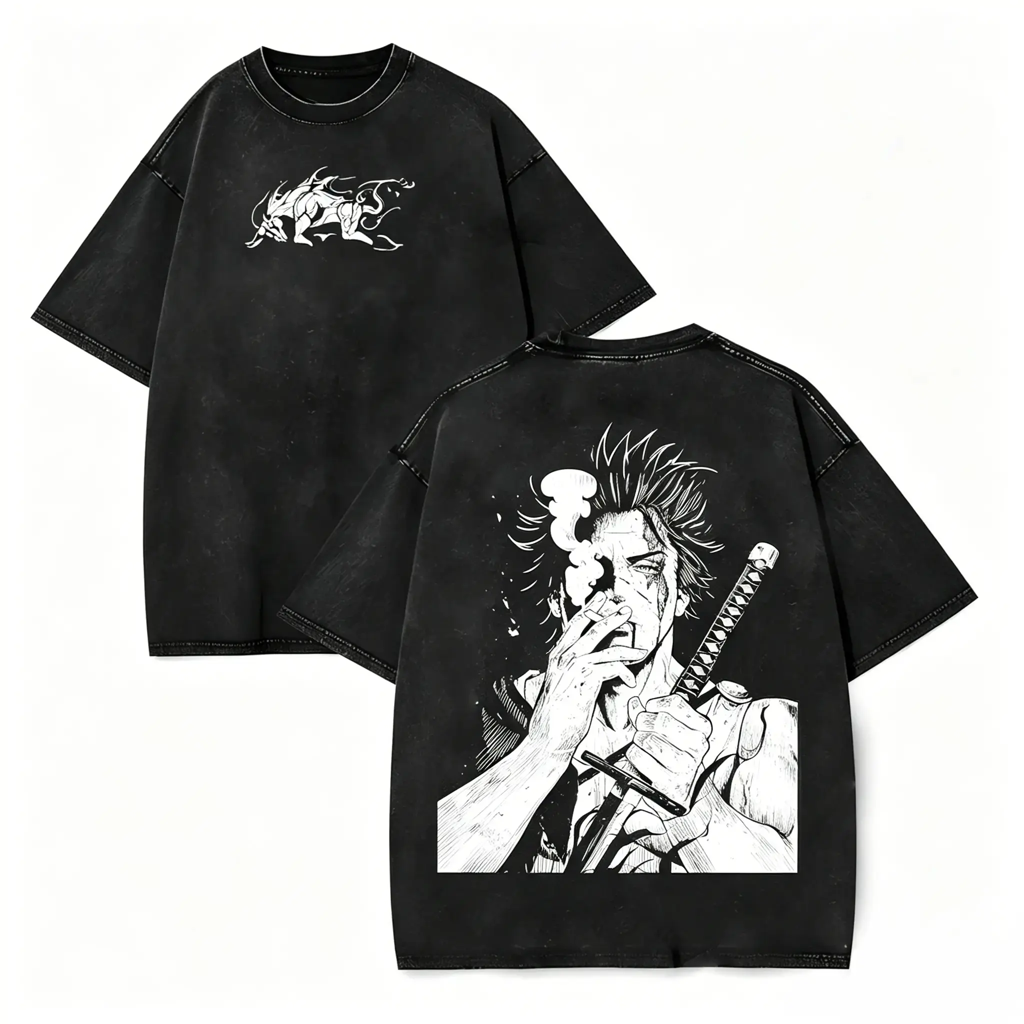 One Piece Roronoa Zoro Graphic T-Shirt, Vintage Washed Distressed Oversized Anime Tee, Retro Pirate Swordsman Streetwear Top for Men Women, Anime Lover & One Piece Fan Gift Shirt Casual Menswear Sleeve Tshirt Cotton Fashion Casual Menswear Sleeve Tshirt