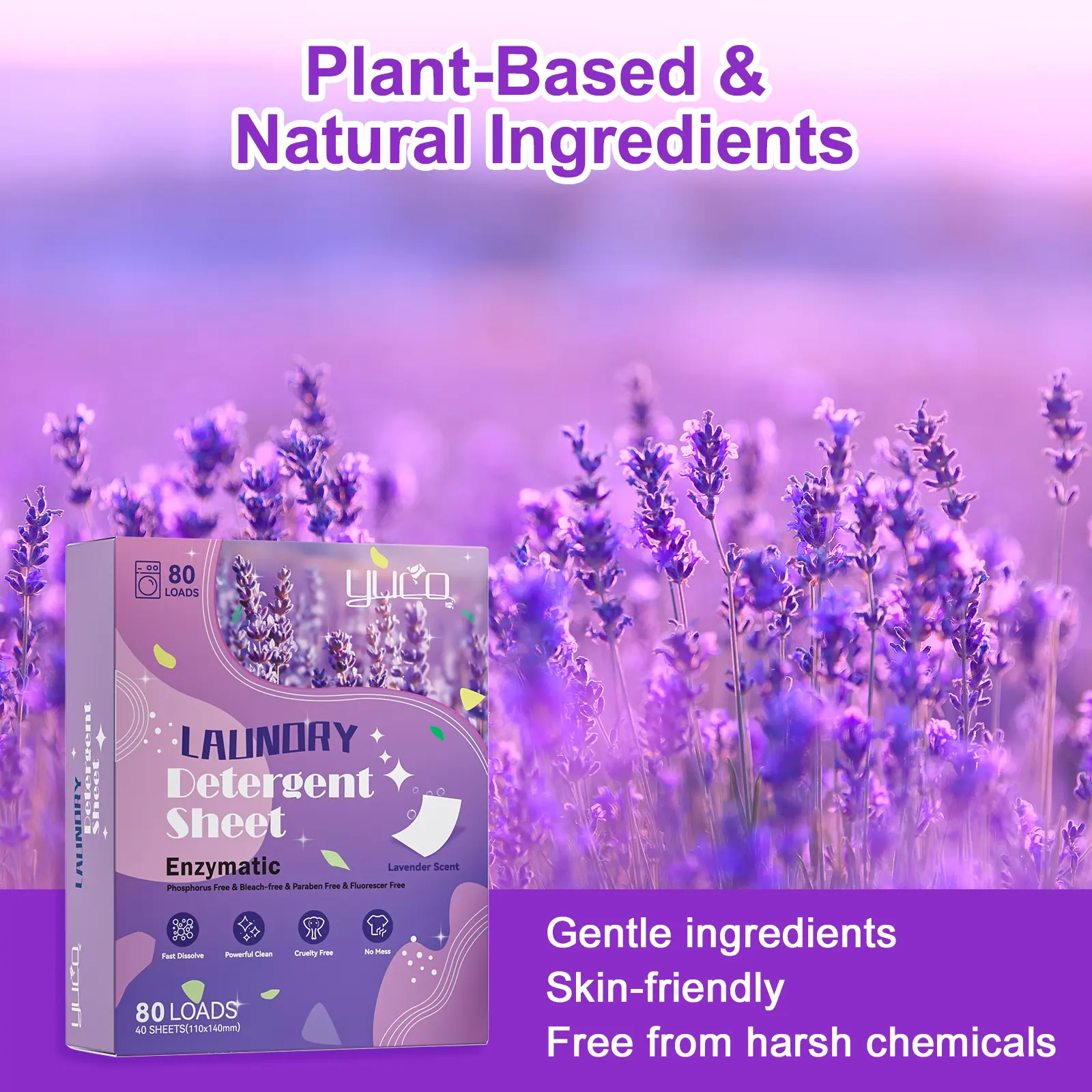 【YUCO】Pre-Cut Laundry Detergent Sheets (40 Sheets, Lavender Scent) - Household All-Purpose Cleaner for Family Laundry, Powerful Stain Removal, No Residue, Easy to Use, Pre-Cut Sheets