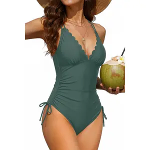Daci Women's One Piece Swimsuits - Tummy Control Bathing Suit Scalloped V Neck Full Coverage Tie Side Strappy Swimwear 2026