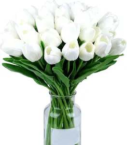 15pcs White Flowers Artificial Tulips Fake Silk Flowers 14" in Bulk Home Kitchen Easter Wedding Decor Spring Easter Bouquet Decorations Floral Arrangements Real Touch Flower