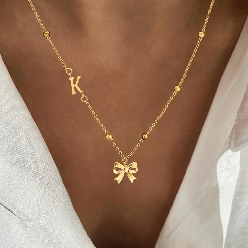 Dainty Initial Letter Bow Pendant Necklace, Ins Popular Gold Plated Satellite Bead Clavicle Chain, Minimalist Personalized Alphabet Choker, Trendy Summer Layering Jewelry for Daily Outfit, Dating & Birthday Gift for Women Girls