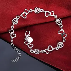 Women's Beautiful 925 Sterling Silver Bracelet, Lovely Heart & Flower Chain Design, Fashion Cute Jewelry for Wedding, Party & Daily Wear, Elegant Nice Bracelet for Ladies, 2026 Trendy Women’s Silver Jewellery Accessory