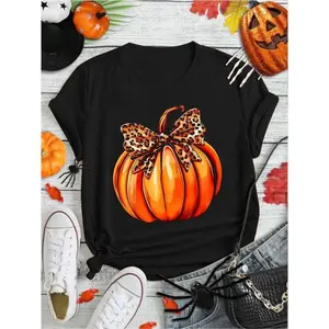Coquette Bow Leopard Pumpkin Thanksgiving Rustic Fall Women T-Shirt Print Round Neck Short Sleeve Streetwear Fashion Breathable Homme Soft Unisex Designer Clothes For Women Casual Clothes