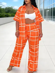 【Plus Size】 All Over Print Open Front Coat & Wide Leg Pants Set, Casual Long Sleeve Outerwear & Trousers for Daily Wear, Women's Clothes for Spring & Fall