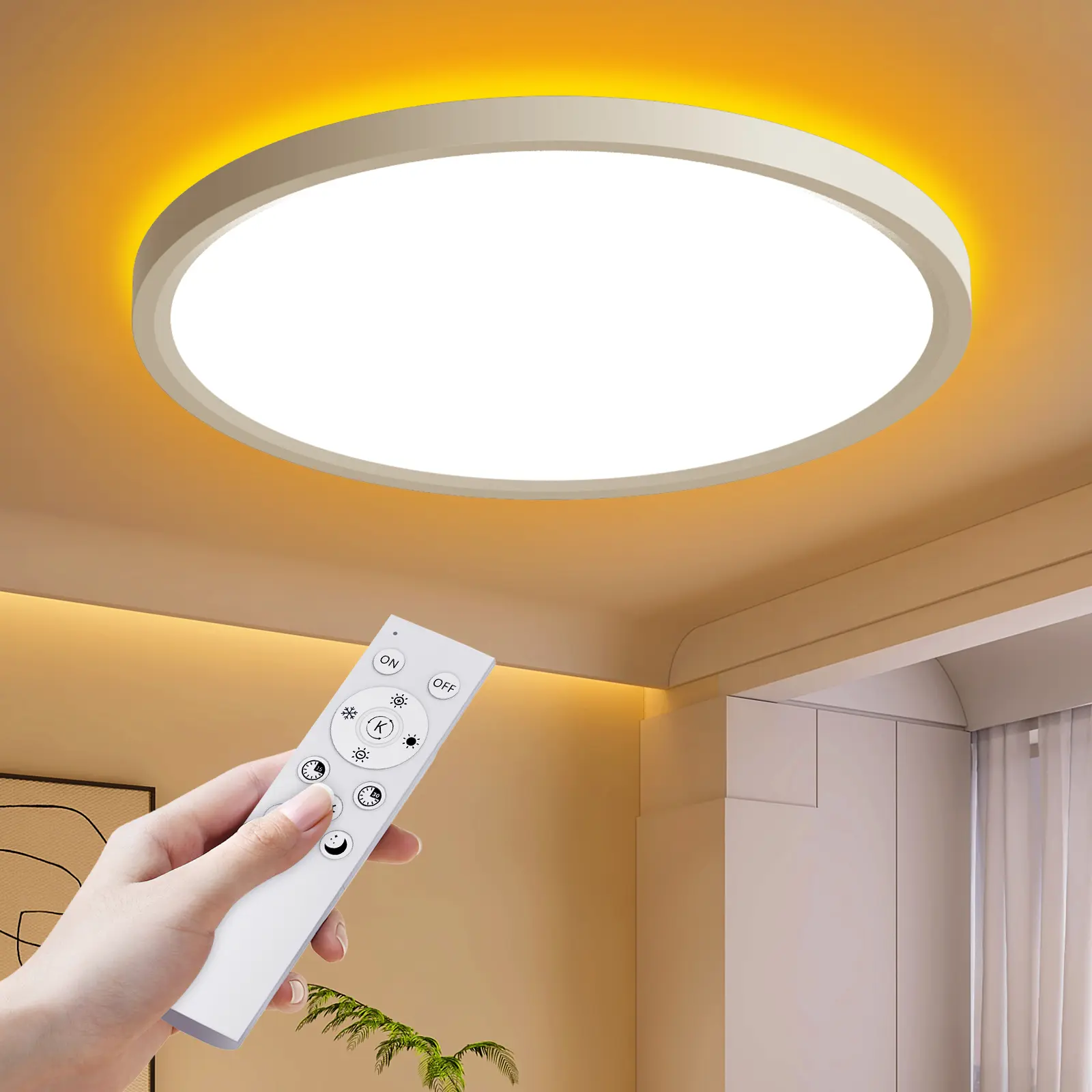 15.8inch LED Flush Mount Ceiling Light with Remote & APP Control,Dimmable Night Light 30000K-6500K ,24W-36W Wired Low Profile Light for Bedroom, Kitchen, Living Room, Round White（Wiring is required.）
