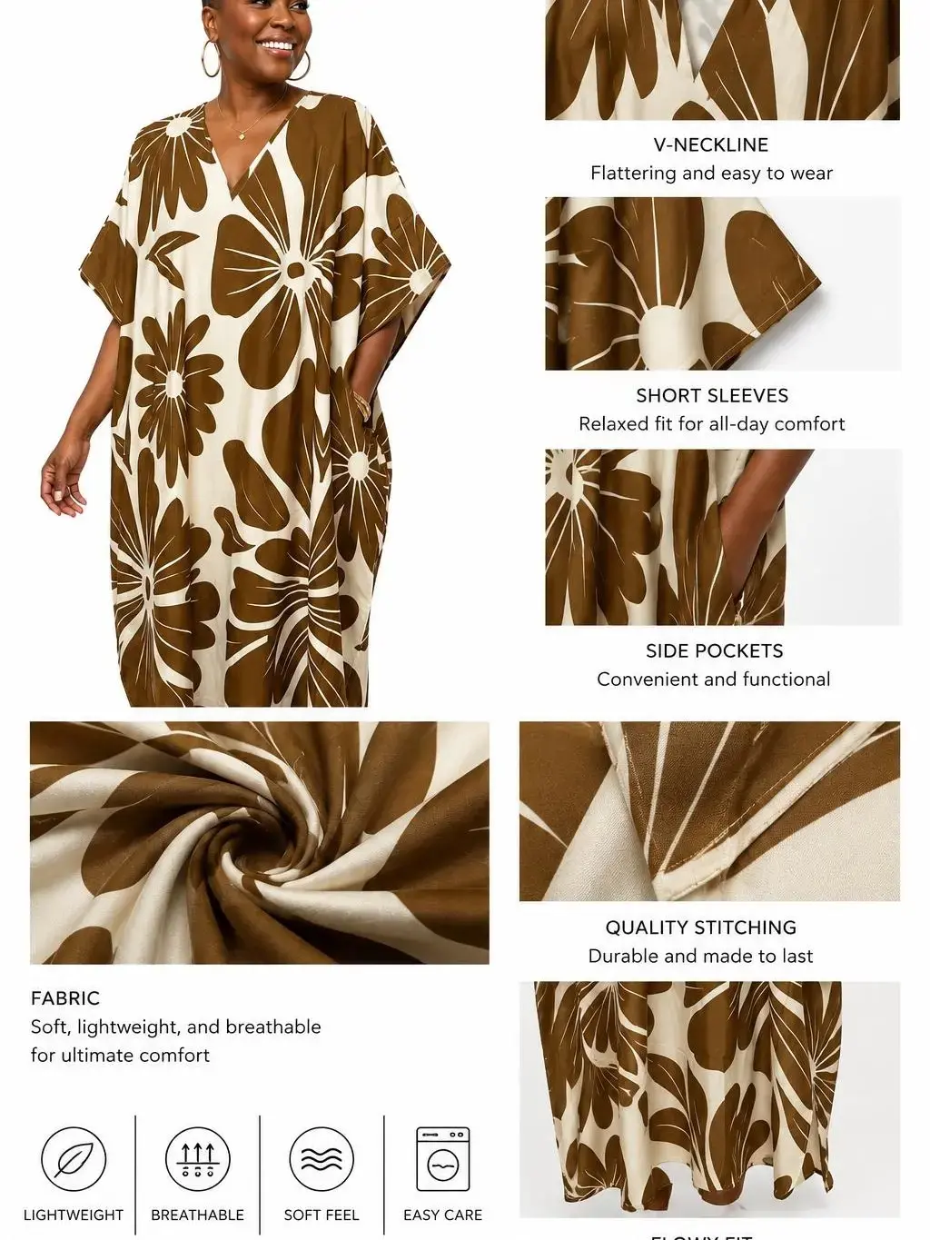 Women's Casual Summer Tropical Floral Print V-Neck Floaty Maxi Caftan Dress