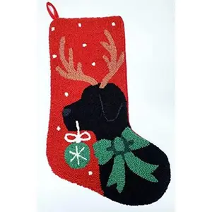 Peking Handicraft Black Labrador Retriever Antler Christmas Hooked Stocking- Wool 21"