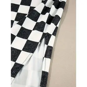 Elegant Women's Checkered Midi Skirt with Side Slit - Slimming, Casual Style in Black & White, Perfect for , Machine Washable, Print, A-line, Autumnwomen's clothing