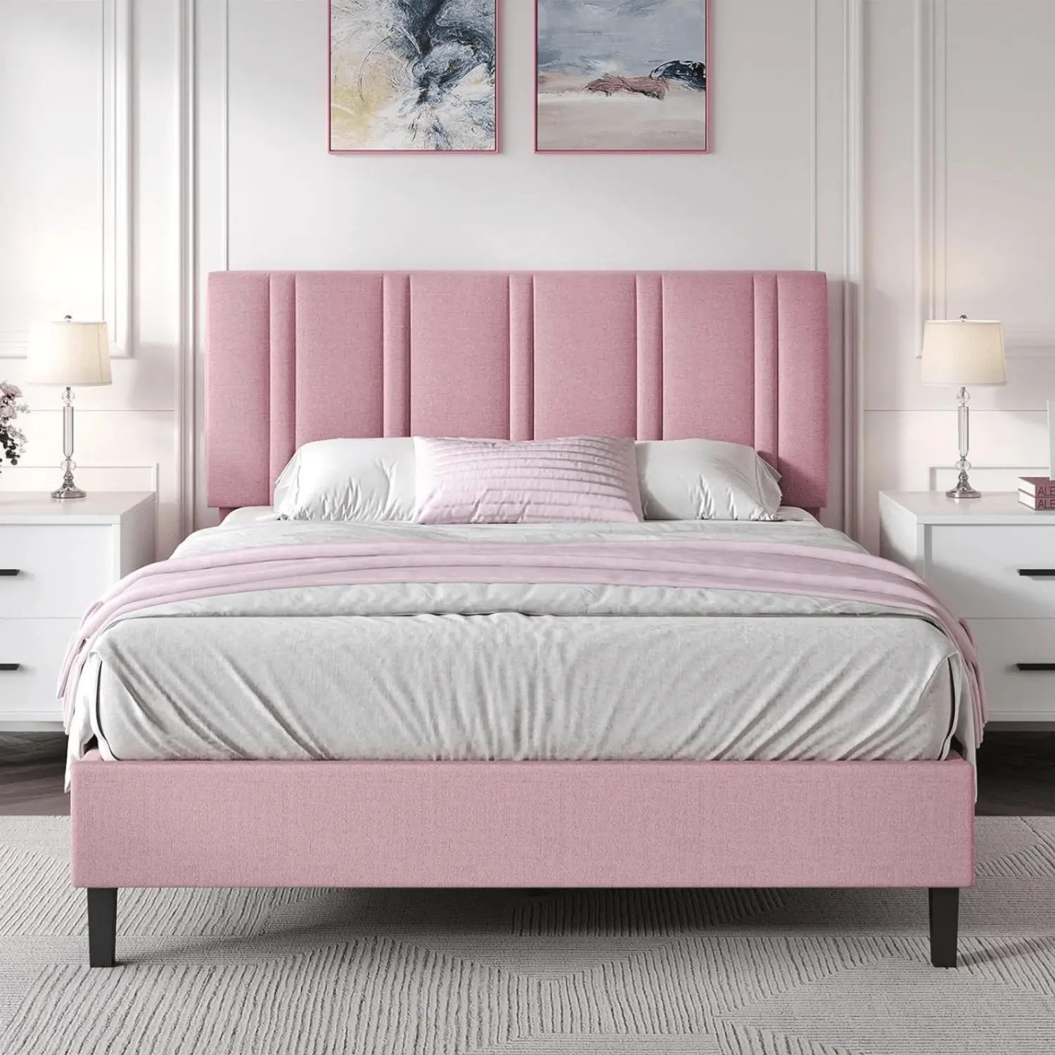 Upholstered    Headboard, Linen Fabric Platform    Tufted Headboard, No Box Spring Required, Easy Assembly, Pink/ White/ Black/ Blue, Twin/ Full/ Queen bed frame LED Cloud with, Yes,wood, Headboard For Bed