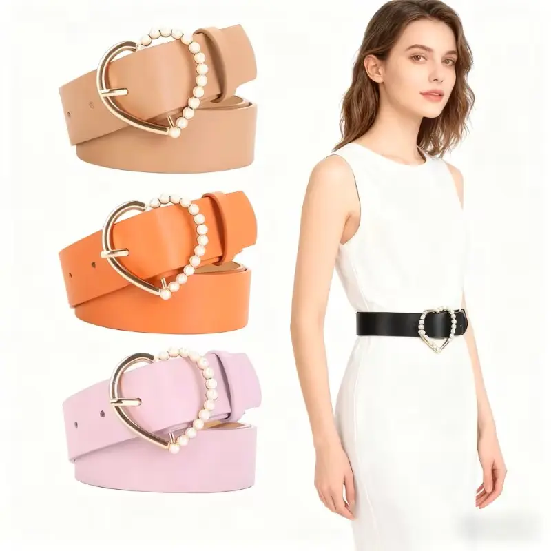 Women’s Pearl Heart Buckle Waist Belt Fashion Dress Accessory Elegant Chic