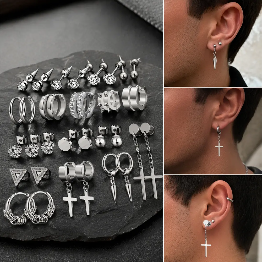 17 Pairs Earrings for Men, Stainless Steel Earrings For Men Sensitive Skin, Fashion Earring Piercing Jewelry Cross Dangle Hoop Kit Studs Long-lasting Shine tiktokshopbacktoschool