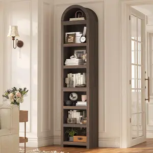 76" Tall Narrow Arched Bookshelf, 7-Tier Modern Bookshelf, Space-Saving Slim Storage Cabinet with Adjustable Shelves for Living Room,Kitchen,Home Office,Walnut