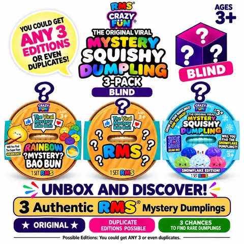 Authentic RMS Mystery Dumplings Blind Box 3-Pack – 3 Sealed Mystery Squishies, Random CRAZY FUN RMS Editions- Glitter, Rainbow, Color Change, Snowflake and more. Duplicates Possible, Specific Editions & Rare Dumplings Not Guaranteed, Ages 3+