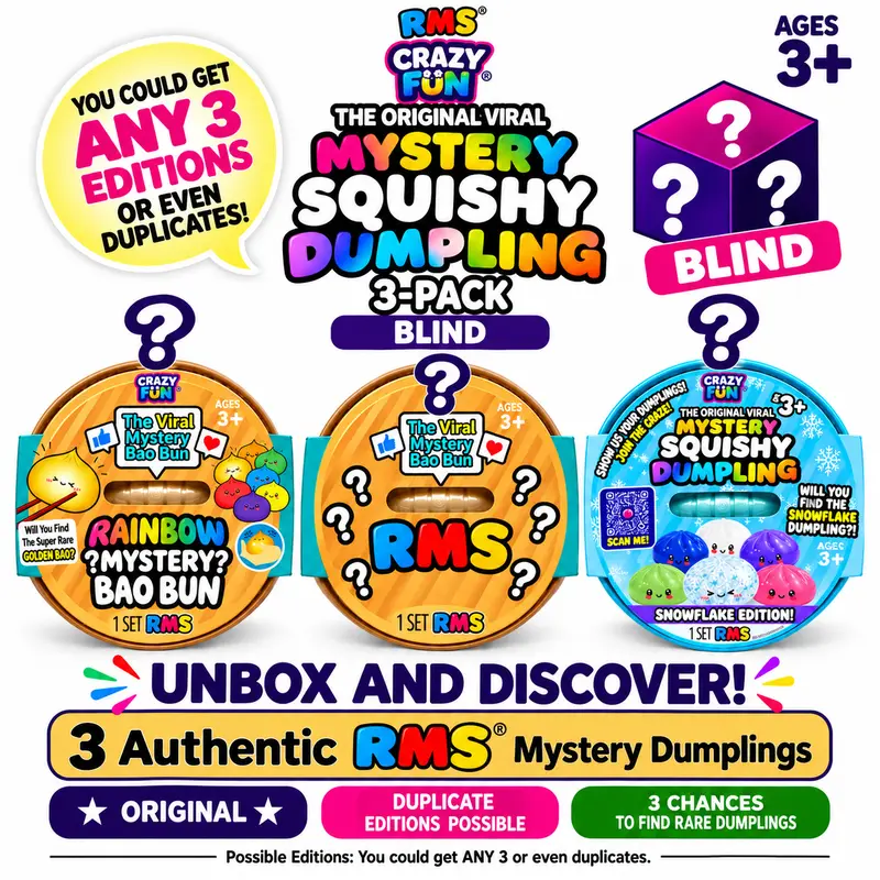 Authentic RMS Mystery Dumplings Blind Box 3-Pack – 3 Sealed Mystery Squishies, Random CRAZY FUN RMS Editions- Glitter, Rainbow, Color Change, Snowflake and more. Duplicates Possible, Specific Editions & Rare Dumplings Not Guaranteed, Ages 3+