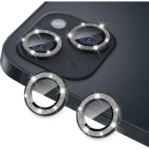 for  13 Mini &  13 Camera Lens Protector, Bling Glitter 9H Tempered Glass Camera Cover Anti Scratch Shockproof Screen Protector Individual Ring - 2 count Glitter Black