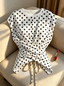 Women's Knitted Round Neck Drop Shoulder Sleeve T-Shirt, Irregular Pleated Cross Cutout Back Tie Top, Elegant Fashion Versatile Casual Wear