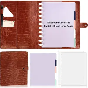 PU Leather Discbound Cover Set 8.5X11 Inch Letter Size with 5 Tab Colored Index Dividers 2 Sheets Frosted Crocodile Pattern Leather Planner for Office Caramel Brown