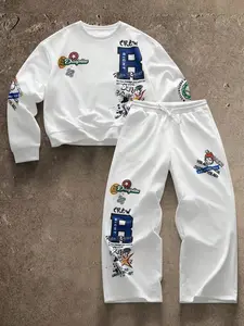 2 Piece Set Letter Print Hooded Sweatshirt and Drawstring Pants, Casual Sportswear, Long Sleeve, Loose Fit, Fall & Winter, Streetwear Tracksuit Set