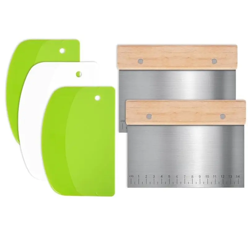 5 Pcs Bench Scraper, 2 Pcs Stainless Steel Dough Scraper with Wood Handle and 3 Pcs PP Food Scraper with Hanging Hole, Multipurpose Bread Dough Cutter for Baking-Green