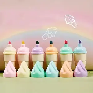 6 Piece Mini Fluorescent Pen Set, Cute Stationery for School Office, Student Drawing Supplies, Kawaii Ice Cream Cone Markers