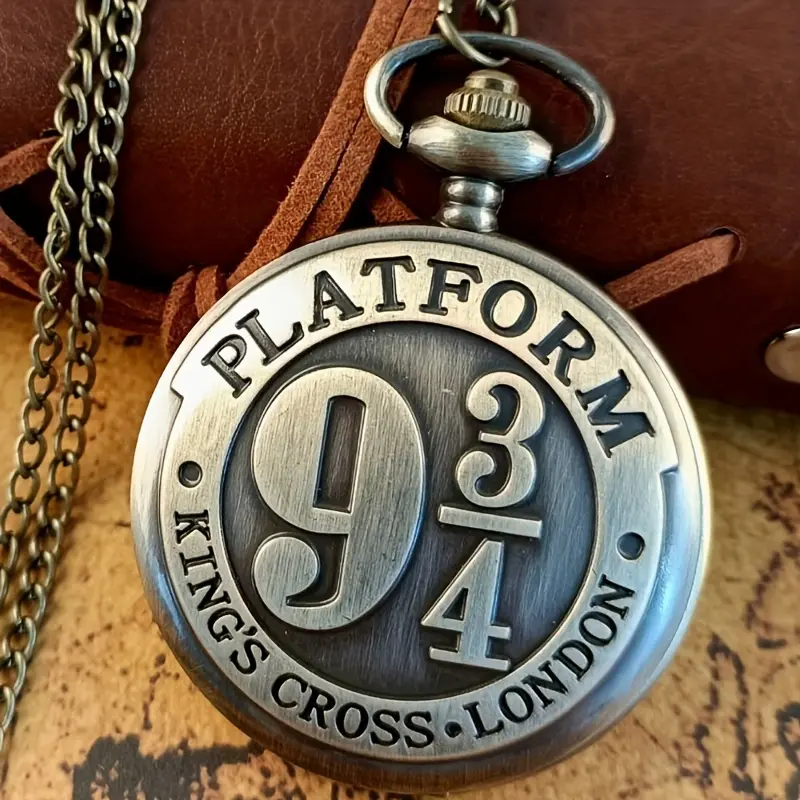 Unisex Vintage Station Sign Pocket Watch - Antique Quartz Analog Alloy Pendant, Text-Embossed, Built-In Batteries, Included Chain, Elegant Fob Watch Fashion Accessory (Not Waterproof), Minimal Pocket & Fob Watches