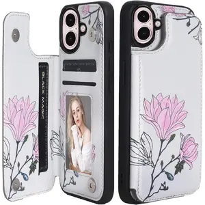 Black Magic Women's Floral Leather Wallet Case for iPhone 16 6.1 inch with Kickstand & Card Holder Silver Durable RFID Protection Elegant Gift