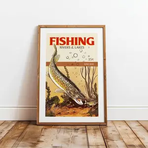 Retro Fishing Poster, Rustic Lake House Wall Art, Vintage Fishing Decor, Cabin Style Nature Poster