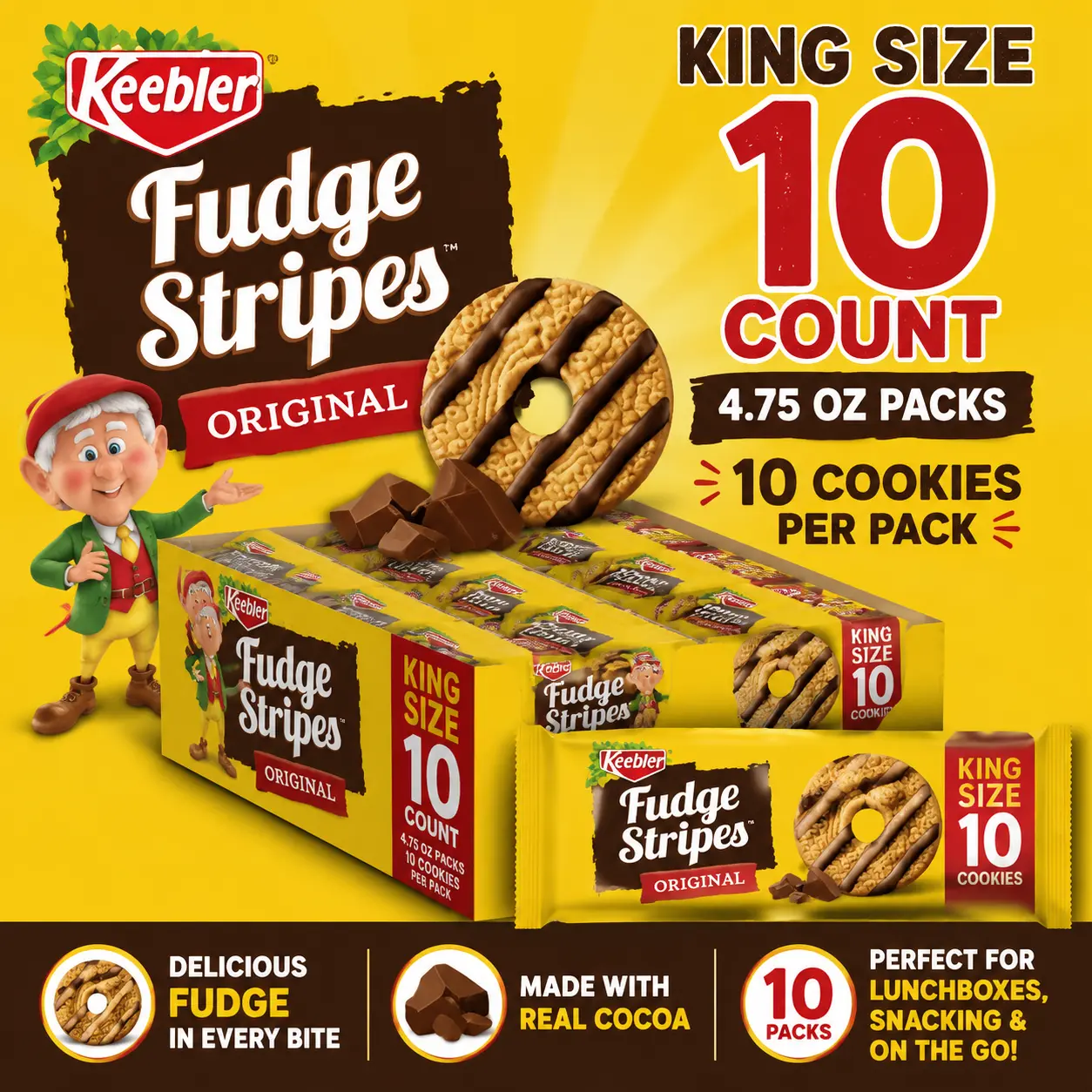 Keebler Fudge Stripes Cookies King Size 4.75 oz 10 Count  Chocolate Fudge Striped Shortbread Cookies | Classic Sweet Snack Packs