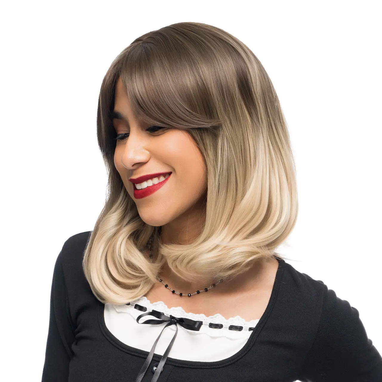 15-Inch Warm Tarnished Blonde Ombre (Brunette Roots) Straight Synthetic Wig | 【Heat Resistant】【Cap Included】 | #43 51FSGA