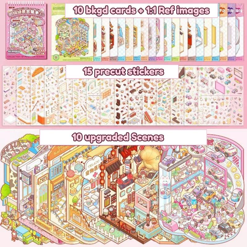 3.0 version Miniature Scene Collection Book - 3D Stacking Stickers, Cartoon House & Garden Decor, Self-Adhesive Mixed Colors for DIY Crafts, Scrapbooking, and Playful Home Decor, Playful Design, Durable Stickers with Free Customized Tweezer