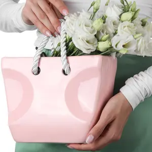 Pink Ceramic Purse Vase for Flowers – Bag Glazed Vases for Home Decor - Pottery Vase for Flowers - Handbag Flower Vase - Handmade Vase Clay - Gift Wife Bouquet - Vases for Centerpiece Table Home Indoor Desk Decor Dinning Table Living Room - Glam Decor